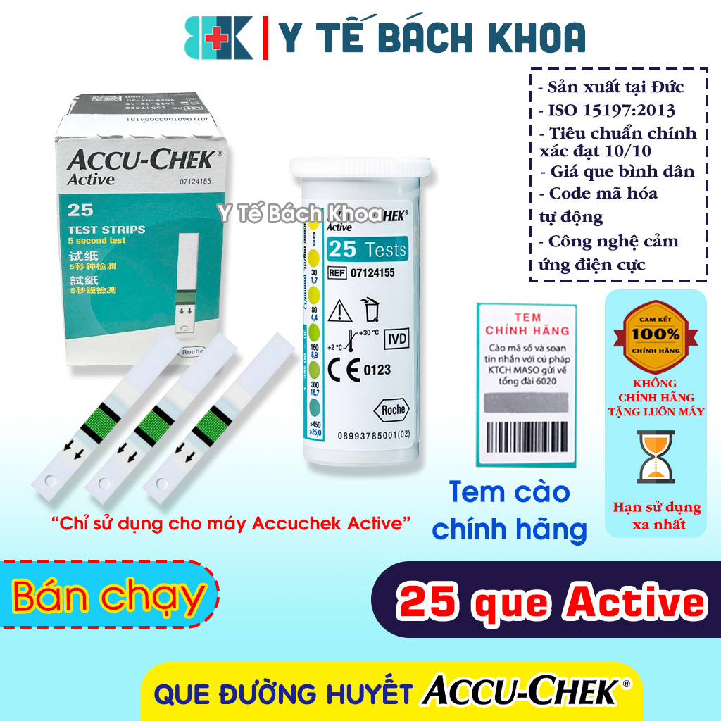 Hộp 25 Que Thử Đường Huyết Accu-Chek Active có tem chính hãng